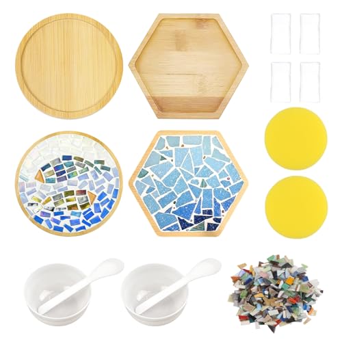 WACH AUF 4 Stück Mosaik Bastelset Untersetzer mit 250g Gemischte Farben Mosaiksteine +2 Schüssel +2 Löffel +2 Schwamm +4 Handschuhe,Holz Untersetzer DIY Set für Handgefertigte Geschenke (Rund+Hexagon) von WACH AUF