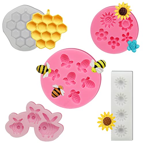 WACH AUF 5 Stück Fondant Formen Silikon 3D Hummel und Blume Fondantformen Tier Biene Fondant Silikonform Schokoladenform für SüßIgkeiten Kuchen Diy Dekorative Backwerkzeuge von WACH AUF