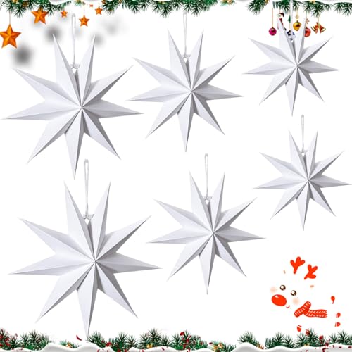 WACH AUF 6 Stück Set Papiersterne Weiß 2 * 25cm + 2 * 30cm + 2 * 45cm Papiersterne Weihnachten Papier 9 Zacken Aufhängen Sterne Fenster Deko Neuneck Weihnachtsstern Deko von WACH AUF