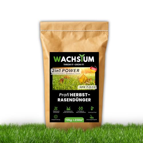 WACHSTUM Profi-HERBST-RASENDÜNGER | 2in1 Power | ORGANISCH-MINERALISCH | Kalium Dünger für starke Wurzeln macht den Rasen winterfest mit Langzeitwirkung | optimale Nährstoffformel (10kg für 250m²) von WACHSTUM THROW IT-GROW IT!