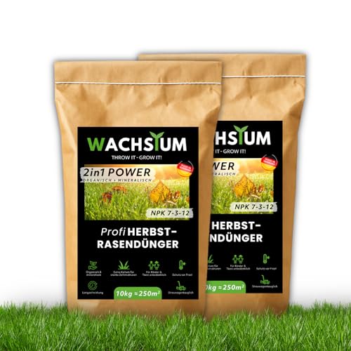 WACHSTUM Profi-HERBST-RASENDÜNGER | 2in1 Power | ORGANISCH-MINERALISCH | Kalium Dünger für starke Wurzeln macht den Rasen winterfest mit Langzeitwirkung | optimale Nährstoffformel (20kg für 500m²) von WACHSTUM THROW IT-GROW IT!
