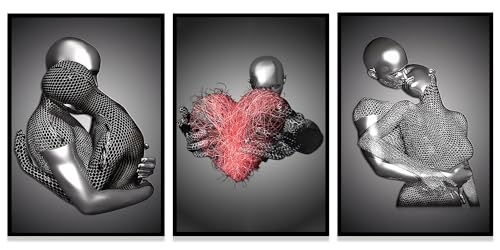 Moderne Kunst Metall Figur Leinwand Malerei Poster, Metall 3D Skulptur Effekt, Romantische Liebhaber Umarmung Home Poster Set, Rahmenlos (Stil 1,60X90CM*3) von WADBTP