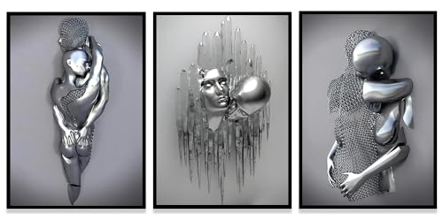Moderne Kunst Metall Figur Leinwand Malerei Poster, Metall 3D Skulptur Effekt, Romantische Liebhaber Umarmung Home Poster Set, Rahmenlos (Stil 4,40X60CM*3) von WADBTP