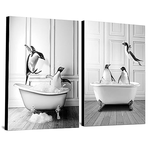 WADBTP Badezimmer Bilder,Schwarz Weiß Bilde,Lustige Tier in der Badewanne Leinwand Bilder für Wohnzimmer Badezimmer Schlafzimmer Dekor-Rahmenlos (2pcs-DW1,2pcs-20x30cm) von WADBTP