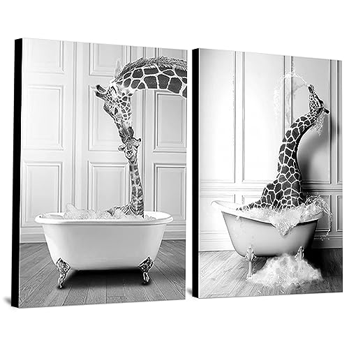 WADBTP Badezimmer Bilder,Schwarz Weiß Bilde,Lustige Tier in der Badewanne Leinwand Bilder für Wohnzimmer Badezimmer Schlafzimmer Dekor-Rahmenlos (2pcs-DW2,2pcs-20x30cm) von WADBTP