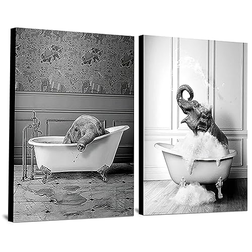 WADBTP Badezimmer Bilder,Schwarz Weiß Bilde,Lustige Tier in der Badewanne Leinwand Bilder für Wohnzimmer Badezimmer Schlafzimmer Dekor-Rahmenlos (2pcs-DW3,2pcs-20x30cm) von WADBTP