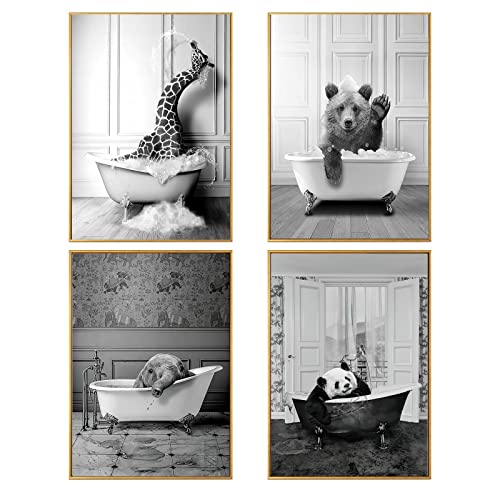 WADBTP Badezimmer Bilder,Schwarz Weiß Bilde,Lustige Tier in der Badewanne Leinwand Bilder für Wohnzimmer Badezimmer Schlafzimmer Dekor-Rahmenlos (4pcs-DW1,4pcs-20x30cm) von WADBTP