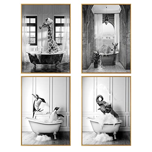WADBTP Badezimmer Bilder,Schwarz Weiß Bilde,Lustige Tier in der Badewanne Leinwand Bilder für Wohnzimmer Badezimmer Schlafzimmer Dekor-Rahmenlos (4pcs-DW2,4pcs-20x30cm) von WADBTP