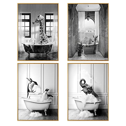 WADBTP Badezimmer Bilder,Schwarz Weiß Bilde,Lustige Tier in der Badewanne Leinwand Bilder für Wohnzimmer Badezimmer Schlafzimmer Dekor-Rahmenlos (4pcs-DW2,4pcs-30x40cm) von WADBTP