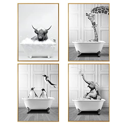 WADBTP Badezimmer Bilder,Schwarz Weiß Bilde,Lustige Tier in der Badewanne Leinwand Bilder für Wohnzimmer Badezimmer Schlafzimmer Dekor-Rahmenlos (4pcs-DW3,4pcs-40x60cm) von WADBTP