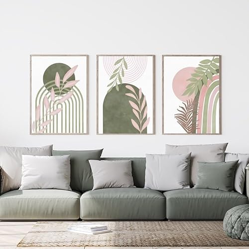 WADBTP Böhmische Wandkunst Poster Set, Rosa Moderne Geometrische Farbblock Abstrakte Pflanze Wohnzimmer Schlafzimmer Dekoration Gedruckte Poster, Rahmenlos (Stil 3,50X70CM*3) von WADBTP