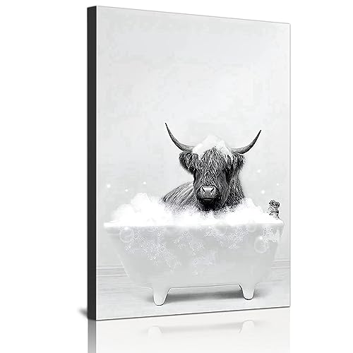WADBTP Hochlandrind Badezimmer Bilder Schwarz Weiß Wandbilder für Wohnzimmer Badezimmer Schlafzimmer Deko-Rahmenlos (1pc-DW2,1pc-70x100cm) von WADBTP