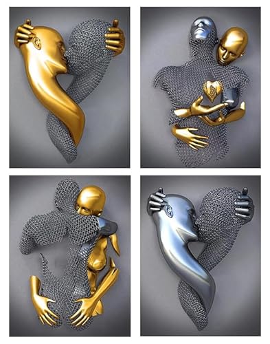WADBTP Moderne Kunst Charakter Metall Skulptur Wandbild, Romantische Liebe 3D Schwarz und Weiß Gold Effekt Bilddekoration Home Printing Poster, Rahmenlos (Stil 1,40X60CM*4) von WADBTP