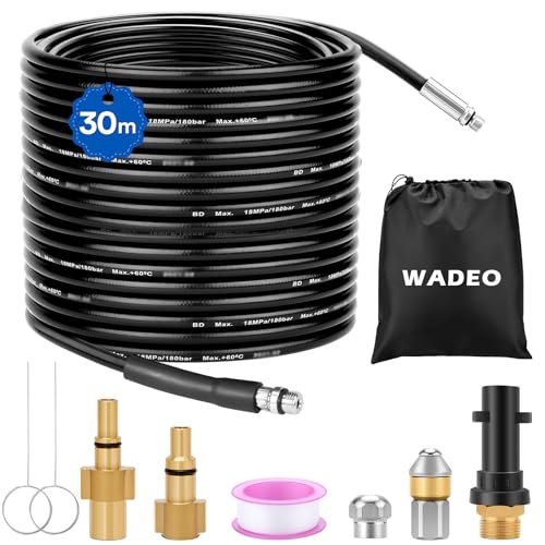 WADEO Rohrreinigungsschlauch Set 30M, Hochdruck-Reinigungsschlauch 200 bar 60 °C, Rohrreiniger Premium Set mit Adapter und Düsen, für Kärcher K-Serie K2/K3/K4/K5/K6/K7 & Lavor & Bosch von WADEO