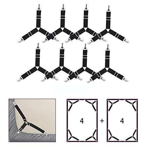 8 Stück Bettlaken-Clips Bettlakenspanner, WADEO Verstellbare Elastische Dreiecks-Stützgurte für Spannbettlaken und Bettlaken, Matratze, Sofakissen, Tischdecken, Bügelbrett - Schwarz von WADEO