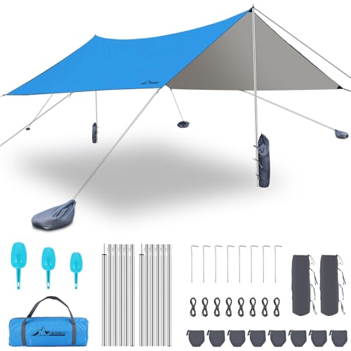 WADEO Strandmuschel 3,6m x 3,6m, 3-8 Personen Strandzelt mit Stangen und Sandanker, UPF 50+ Sonnenschutz Windschutz, Tragbares Schattensegel Sonnendach für Camping, Garten, Picknick, Angeln (Blau) von WADEO