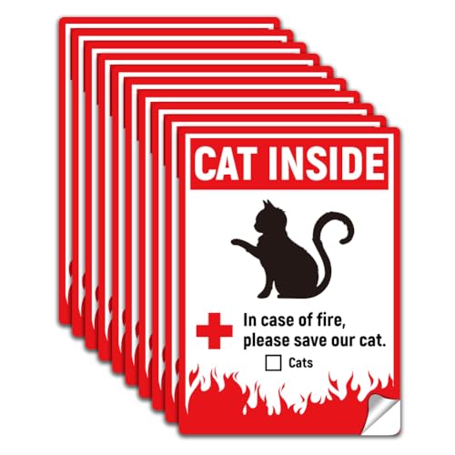 WADORN 10 Bogen Warnhinweisaufkleber „Katze Drinnen“ Selbstklebendes Katzenschild Aus PVC Sicherheitsschild Für Die Rettung von Haustieren Roter Notfallaufkleber Für Die Katzen Rettet 13x18cm von WADORN