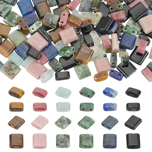 WADORN 120 Stück Halbe Perlen, 6 Farbe 2 Größen Natürliche Edelsteinperlen 2 Loch Flache Rechteckige Quadratische Rocailles Perlen Naturstein Edelstein Lose Abstandshalter Verbindungsstücke von WADORN