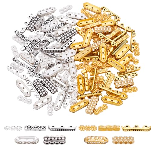 WADORN 150 Stück Retro Abstandshalter Aus Metall Rechteckig, 5 Stile Legierung Strass Abstandshalter 3 4 Löcher Tibetische Mehrstrang Trennglieder Verbindungsstücke Ende Für Armbändern Halsketten von WADORN
