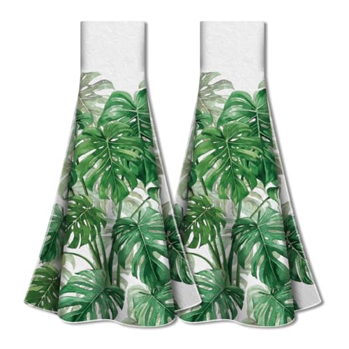 WADORN 2 Stück Küchenhandtuch zum Aufhängen Mit Monstera-Blättern, Hängende Handtücher Mit Palmenblättern Und Schlaufenhaken Für Küchenset Saugfähiges Handtuch Mit Blätterdesign, 34.5x31.5 cm von WADORN