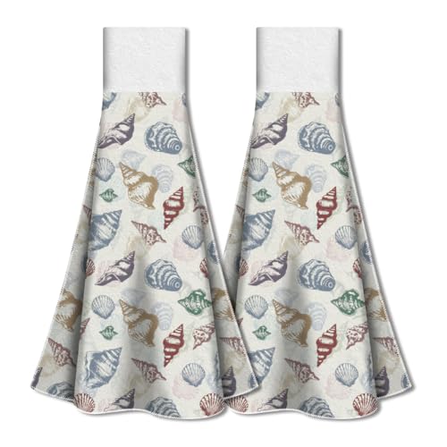 WADORN 2 Stück Küchenhandtücher Mit Muschel lmotiv, Hängendes Handtuch Mit Muschelmuster Für Küchensets Küchenhandtuch zum Aufhängen Mit Aufhängeschlaufe für Badezimmer Küche Strand, 31.5x34.5 cm von WADORN