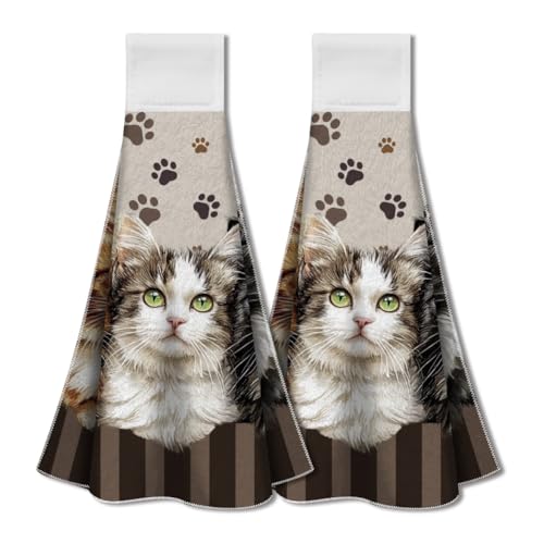 WADORN 2 Stück Küchentücher Mit Katzenmotiv Und Aufhängeschlaufe. Lustiges Küchenhandtuch Mit Katzenmotiv Geschirrtücher Süße Katzen Weich Saugfähig Zum Aufhängen Handtücher Für Die Küche von WADORN