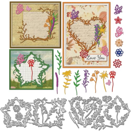 WADORN 2 Stück Metallstanzteile Mit Blatt Und Wildblume. Stanzformen Aus Karbonstahl Mit Schmetterlingen Blühenden Blumen Und Unkraut Stanzschablonen Vorlage Zum Selbermachen Prägen Papier Karten von WADORN