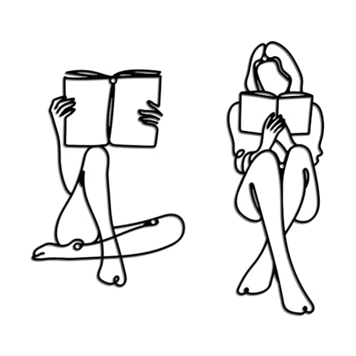 WADORN 2 Stück Minimalistisches Wanddekor Aus Metall Mit Aufschrift 'Frau', Wanddekoration Mit Abstraktem Lesebuch Und Frau Zeichen Einzelne Linie Weiblich Zum Aufhängen Set Für Schlafzimmer Lesende von WADORN
