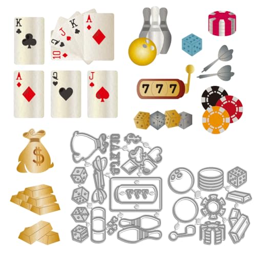 WADORN 2 Stück Poker Würfel Dart Kohlenstoffstahl Stanzschablonen, Bowling Geldtaschen Muster Metall Stanzschablonen Für DIY-Scrapbooking Fotoalbum Dekor Prägevorlage von WADORN