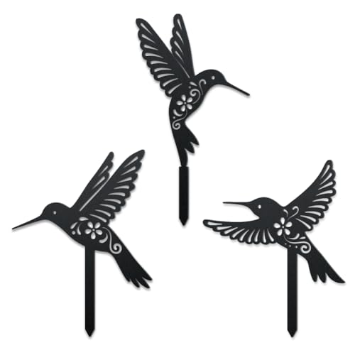 WADORN 3 Stile Kolibris Metall dekorative Gartenpfähle, lustige Kolibris Blumen Metall Silhouette Statuen Tier Garten Ornament Geschenke Schwarz Hof Kunst Dekoration für Outdoor Hinterhof Terrasse von WADORN