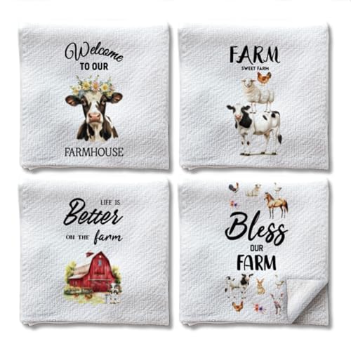 WADORN 4 Stück Handtücher Mit Bauernhoftieren, Lustige Rustikale Kuh Geschirrtücher Im Bauernhaus Dekorative 60x40cm Mikrofaser Saugfähig Weich Hand Tee Geschirrtücher Zum Kochen Backen Feiertags von WADORN