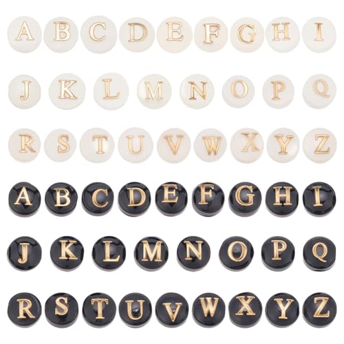 WADORN 52 Stück 2 Farben Alphabet AZ Perlen Flache, Runde Großbuchstaben Goldene A Z Perlen Süßwasser Muschel Imitation Lose Abstandsperlen Für DIY Halsketten Basteln Schmuckherstellung von WADORN