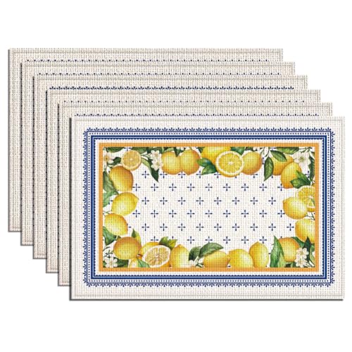 WADORN 6 Stück Blaue Und Gelbe Zitronen Tischsets. 45x30cm Tischsets Mit Zitronenrand Bedruckt Cyan Blaue Fliesen Sommer Tischsets Aus Polyester Waschbar Für Zitronenparty Picknickzubehör WADORN 6 Stück Blaue Und Gelbe Zitronen Tischsets. 45x30cm Tischsets Mit Zitronenrand Bedruckt Cyan Blaue Fliesen Sommer Tischsets Aus Polyester Waschbar Für Zitronenparty Picknickzubehör von WADORN