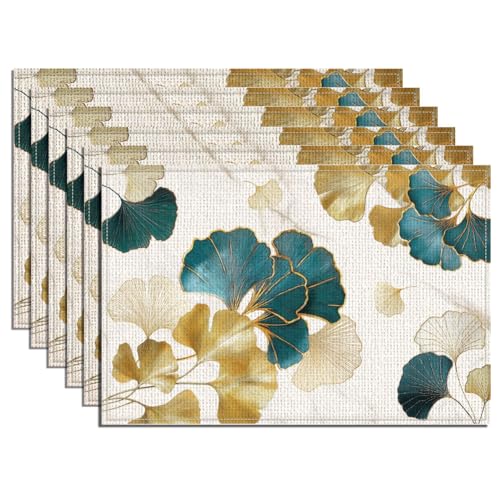 WADORN 6 Stück Tischsets Aus Marmor Mit Ginkgoblättern. 45x30cm Tischsets Mit Herbstpflanzenblättern Bedruckt Gelbgrünes Blatt Kunstwerk Polyester Waschbar Tischsets Für Feiertage Partys Küche Zuhause von WADORN