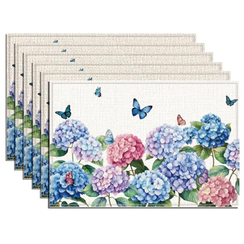 WADORN 6 Tischset Mit Hortensienmotiv In Aquarellfarbe. 45x30cm Tischsets Mit Blühendem Blumenmuster Hortensien Schmetterlinge Waschbare Tischsets Aus Polyester Für Frühling Feiertage Hochzeiten von WADORN