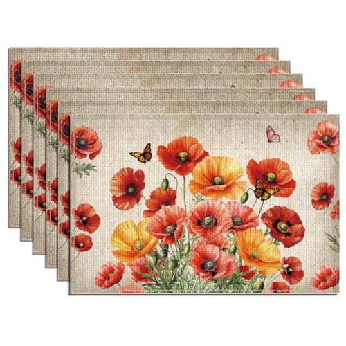 WADORN 6 Tischset Mit Roten Mohnblumen. 30x45cm Große Rechteckige Esstischmatte Mit Blumen Und Schmetterlingsmotiv Vintage Blumen Frühlings Tischset Waschbare Tischmatte Aus Leinenstoff Für Party von WADORN