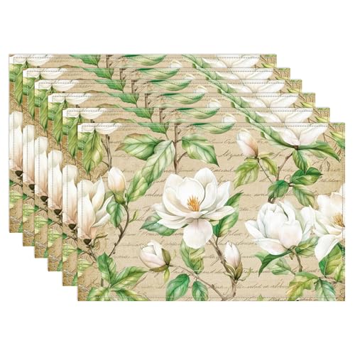 WADORN 6 weiße Magnolien Tischsets. 45x30cm Vintage Tischsets Mit Blühendem Blumenmuster Bedruckt Magnolien Blumenmuster Polyester Waschbar Tischsets Für Frühling Bauernhaus Hochzeit Party von WADORN