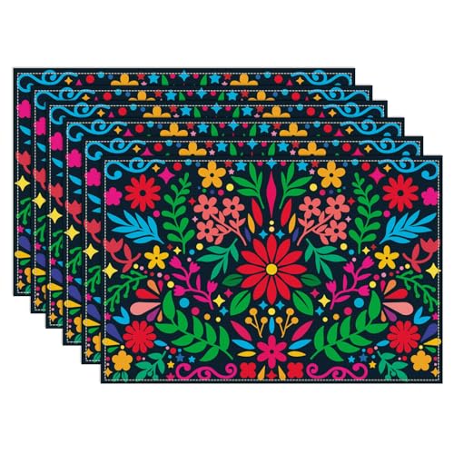 WADORN 6 x Mexikanisches Dia De Los Muertos Fiesta Blumen Tischset 30x45cm Mexiko Cinco De Mayo Tischset Party Dekoration Blume Waschbar Tischsets Tuch Tischset von WADORN