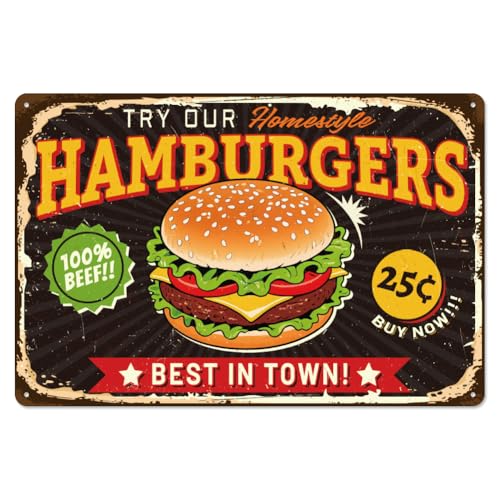 WADORN Best In Town Hamburger Vintage Metall Blechschild, 20x30cm Hamburger Thema Retro Kunst Schild Lustiges Fast Food Metalldekor Geschenke Plakette Für Restaurant Garage Bar Café Pubs Shop von WADORN