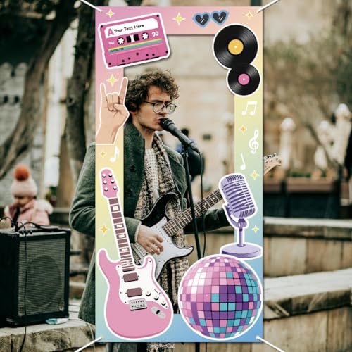 WADORN Bilderrahmen Requisiten 'Musik Aus Meiner Zeit' als Partydekoration, 90x180cm Gitarre Licht Ball Notizen Foto Tür Hintergrund Requisiten Dekor Große Stoff Fotografie Hintergrund Party Liefert von WADORN
