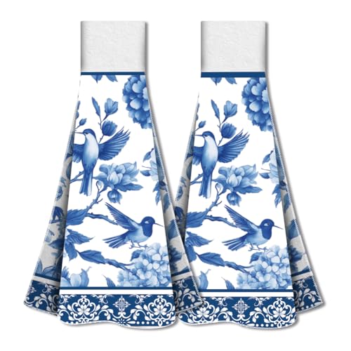 WADORN Blaue Hängende Küchenhandtücher Mit Kolibri 2er Set, Weiche Supersaugfähige Handtücher Aus Blauem Porzellan Mit Schlaufe Mikrofaser Dekorative Geschirrtücher Mit Blauem Für Küche Restaurant von WADORN