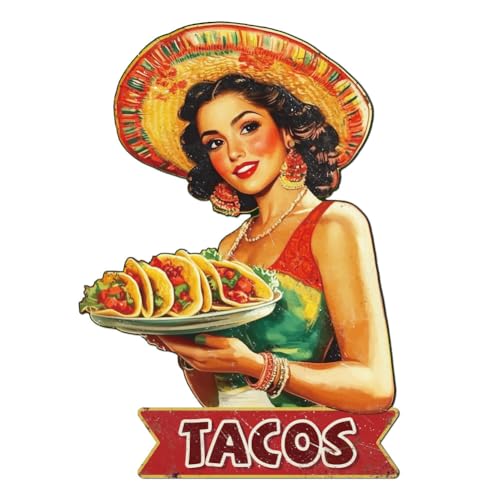 WADORN Blechschild „Taco Lady“ Im Vintage Stil Mexikanisches Taco Lebensmittel Retro Blechschild Zum Aufhängen Wanddekoration Für Cafés Geschäfte Restaurants Heimdekoration 26x37cm von WADORN