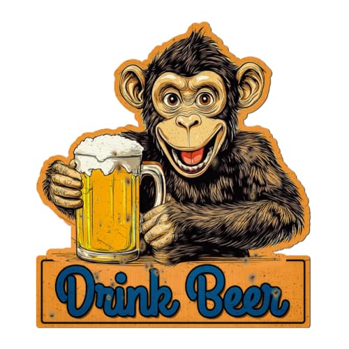 WADORN Blechschild Aus Metall Im Vintage Stil Mit Affe Bier Motiv Blechschild Mit Aufschrift „Affe Trinkt Bier“ Lustiges Tiermotiv Retro Stil Zum Aufhängen Wanddekoration Für Badezimmer Bar 26x28.9cm von WADORN