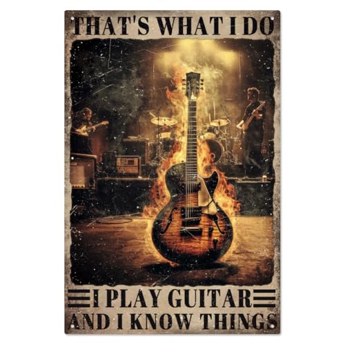 WADORN Blechschild Aus Metall Im Vintage Stil Mit Gitarre Blechschilder Mit Aufschrift „Thats What I Do I Play Guitar And I Know Things“ Lustige Wandkunst Mit Gitarrenband Für Wohnzimmer Café 20x30cm von WADORN