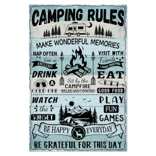 WADORN Blechschild Camping Aus Metall Im Vintage Stil Camping Rules Make Wonderful Memories Retro Blechschild Hängedeko Lustiges Camping Feuer Wandschild Deko Für Wohnmobil Zimmer Deko 30x20cm von WADORN