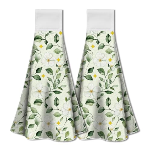 WADORN Blumen Pflanzen Frühling Küche Hängetuch 2er Set, Handtuch Mit Schlaufe Und Haken Saugfähig Zum Aufhängen Geschirrtuch Waschlappen Für Küche, 31.5x34.5cm von WADORN