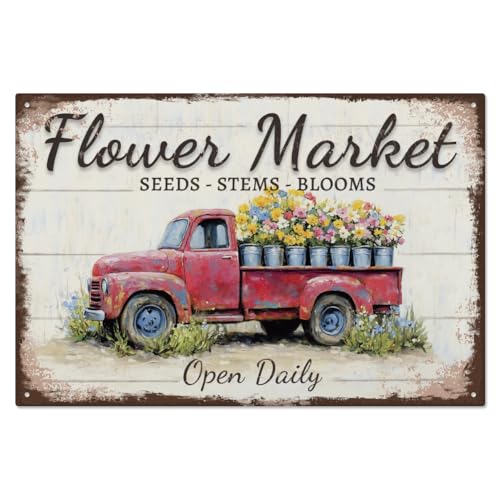 WADORN Blumenmarkt Truck Retro Metall Blechschild Blumenmarkt Täglich Geöffnet Vintage Metallschilder Blumen Wandkunst Poster Plaketten Dekor Für Zuhause Blumenladen Garten Veranda Balkon 20x30cm von WADORN