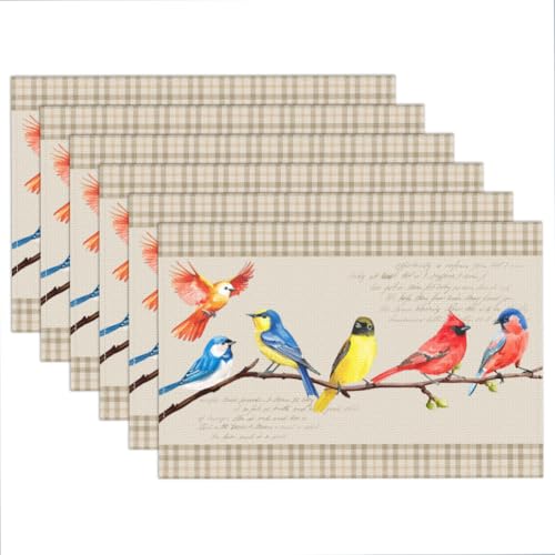 WADORN Bohè Tischsets Mit Vogelzweigen 6er Set, 45x30cm Tischsets Aus Stoff Mit Frühlings Und Sommervögeln Platzset Aus Bauernhaus Rustikal Kolibri Leinen Hitzebeständig Waschbar von WADORN