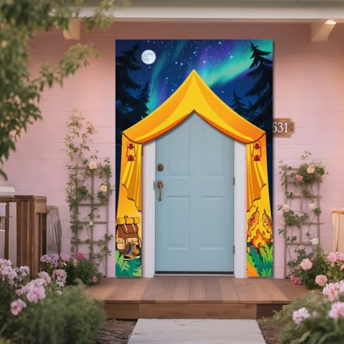 WADORN Camping Foto Türbanner, 180x270cm Camping Abenteuer Geburtstagsparty Dekorationen Lagerfeuer Zelt Hintergrundrahmen Hängender Veranda Banner Hintergrund Für Sommercamp Partys Außenbereich von WADORN