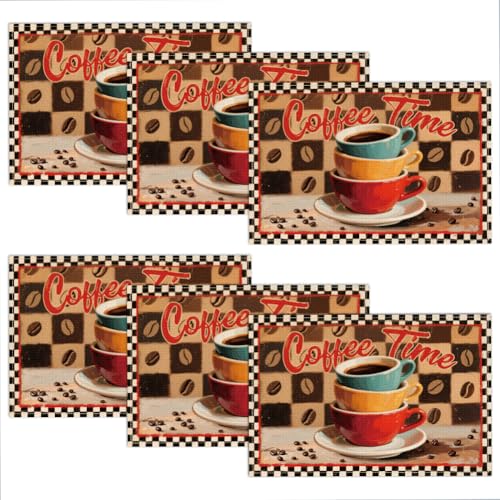 WADORN Coffee Time Vintage Tischsets 6er Set 45x30cm Tischsets Im Retro Stil Mit Kaffeetassen Braun Kariert Rustikal Urlaub Waschbar Tischsets Für Zuhause Küche Esszimmer Urlaub Party Bankett Café von WADORN